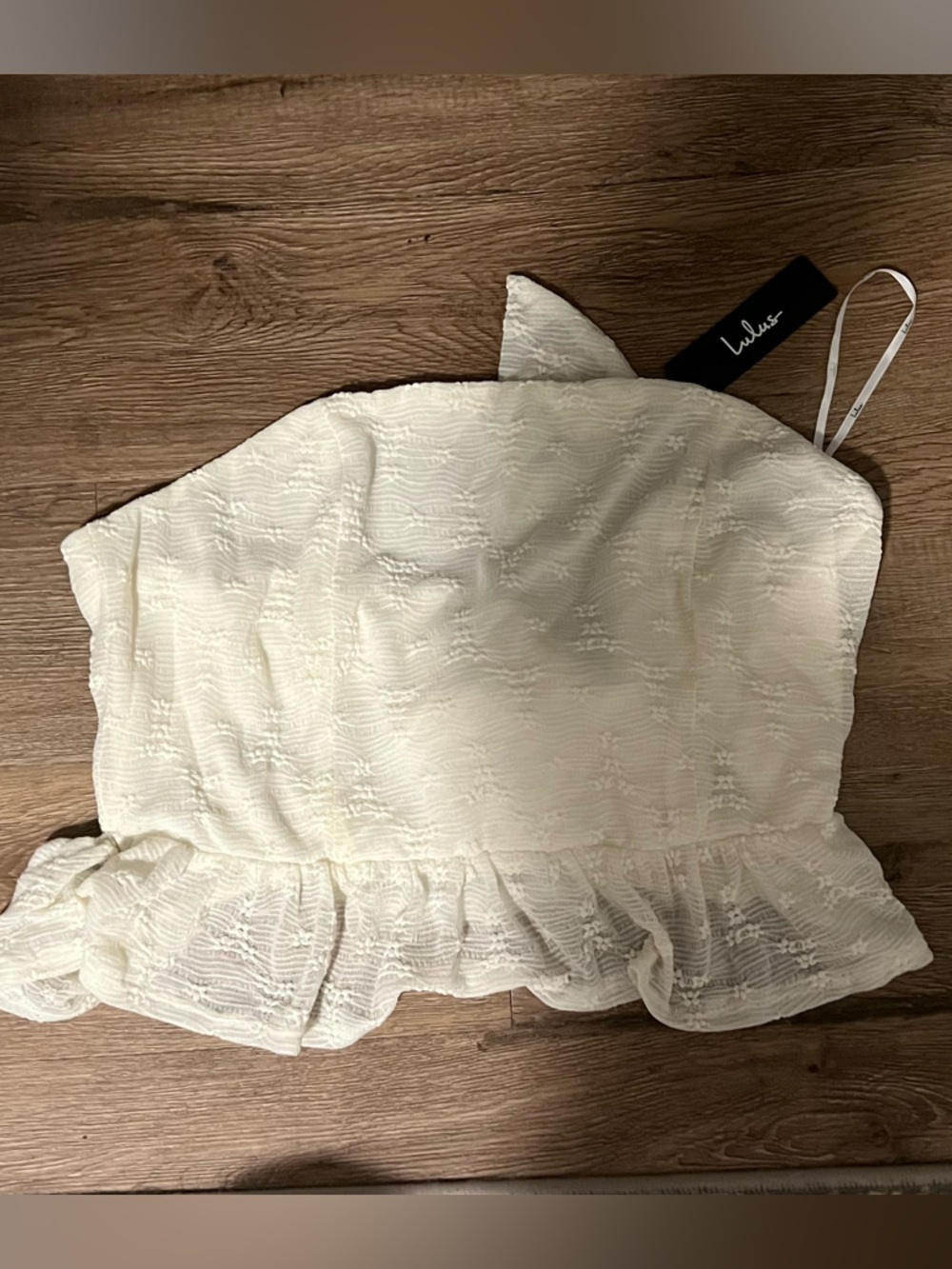 Lulu's Ivory Strapless, Tie-Back Ruffle Crop Top